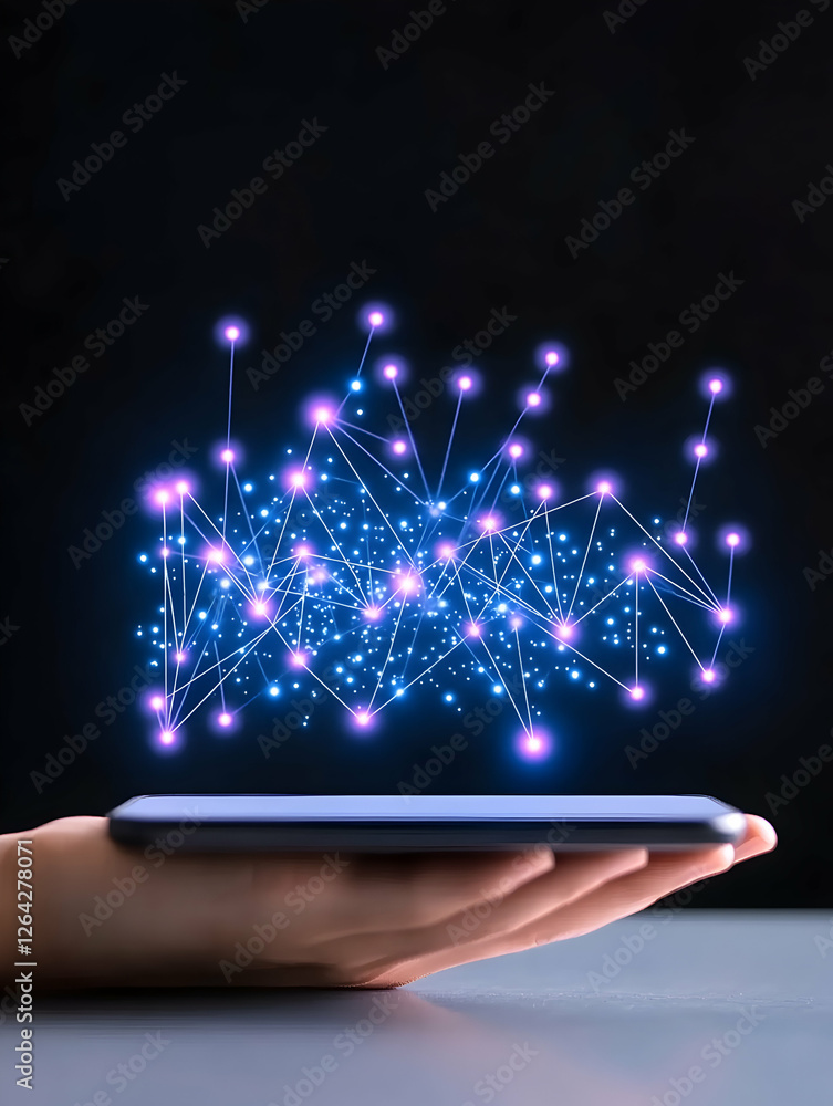 Poster hand holds phone with futuristic network of digital data against a dark backdrop generative ai