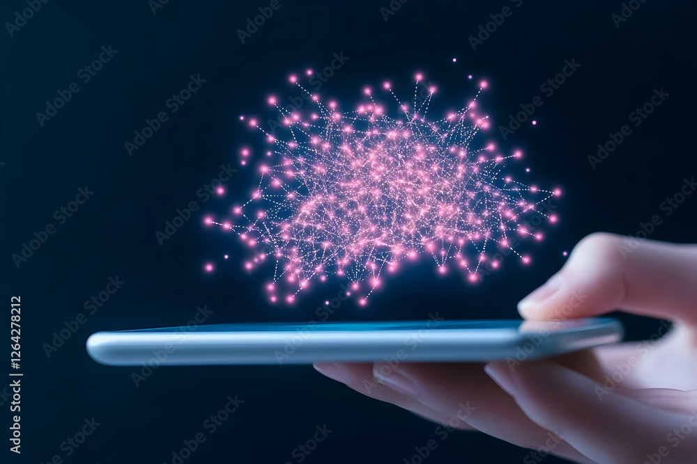 Poster hand holds smart phone showing glowing connection network, dark background generative ai