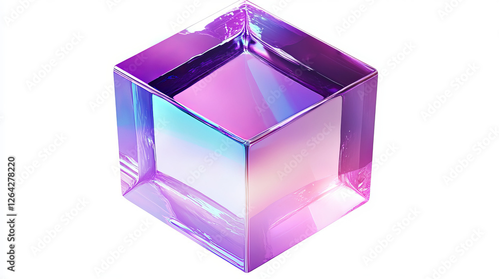 Poster 3d holographic cube render element. abstract box shape. hologram geometric figure isometric set. iri