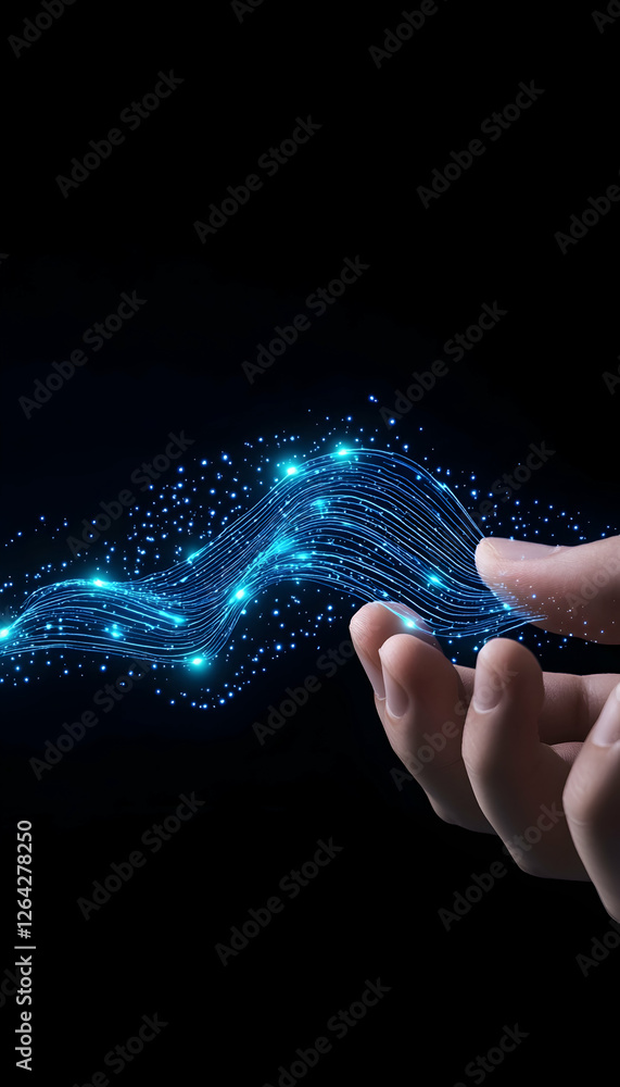 Poster hand interacting with glowing blue digital streams on dark backdrop for presentation generative ai