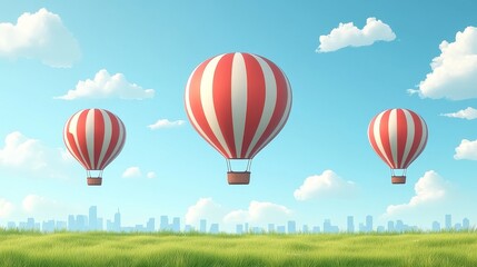 Obraz premium Air Balloons Ascend Over the Emerald Field and Distant Skyline Under a Vast Expanse of Blue Skies in a Digital Render