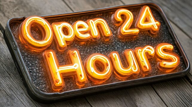 Bright Neon Sign Displaying Open 24 Hours on Wooden Surface