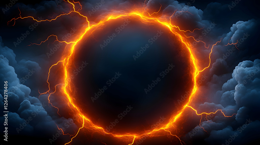 Poster Abstract glowing portal with lightning streaks, encircled by clouds. Background art generative AI