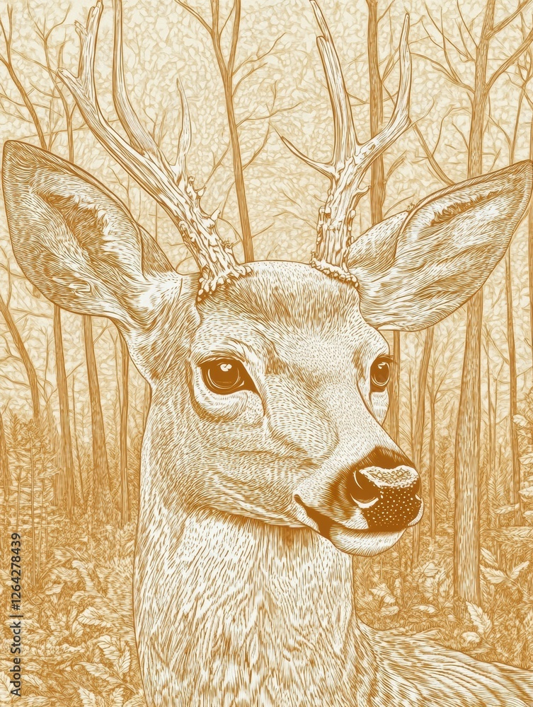 Fototapete engraved deer portrait showcasing intricate line work in sepia tones with space for personalized tex