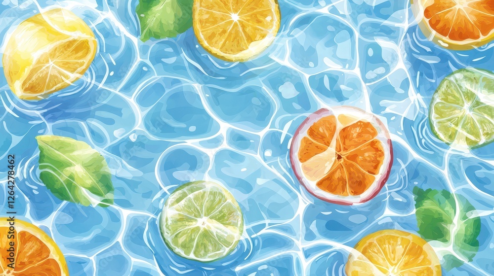 Poster floating citrus delight, a colorful pattern of oranges and lemons in sparkling pool