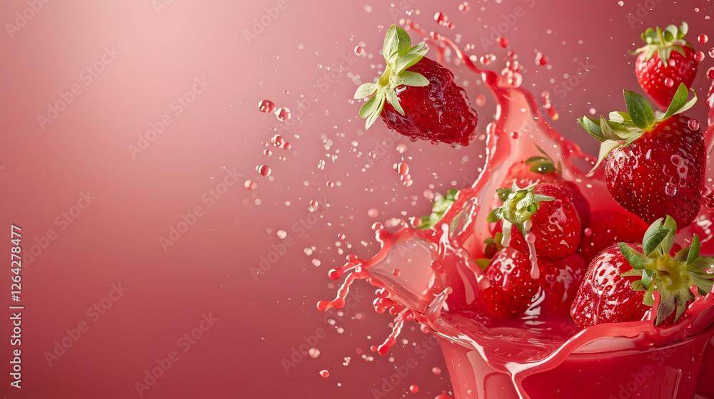 Poster fresh strawberries splashing into vibrant red juice against a soft pink background, creating dynamic