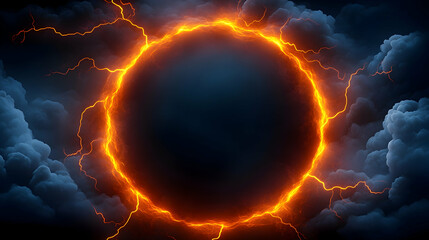 Abstract glowing portal with lightning streaks, encircled by clouds. Background art generative AI