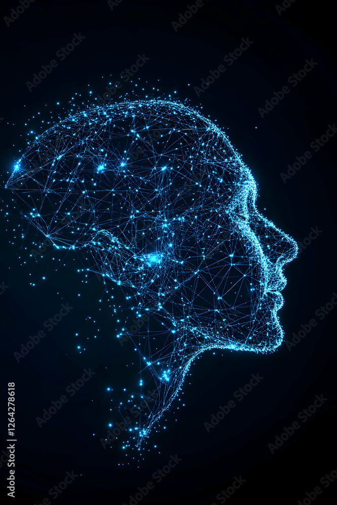 Poster abstract human head outlined in interconnected points and lines, on a black background generative ai