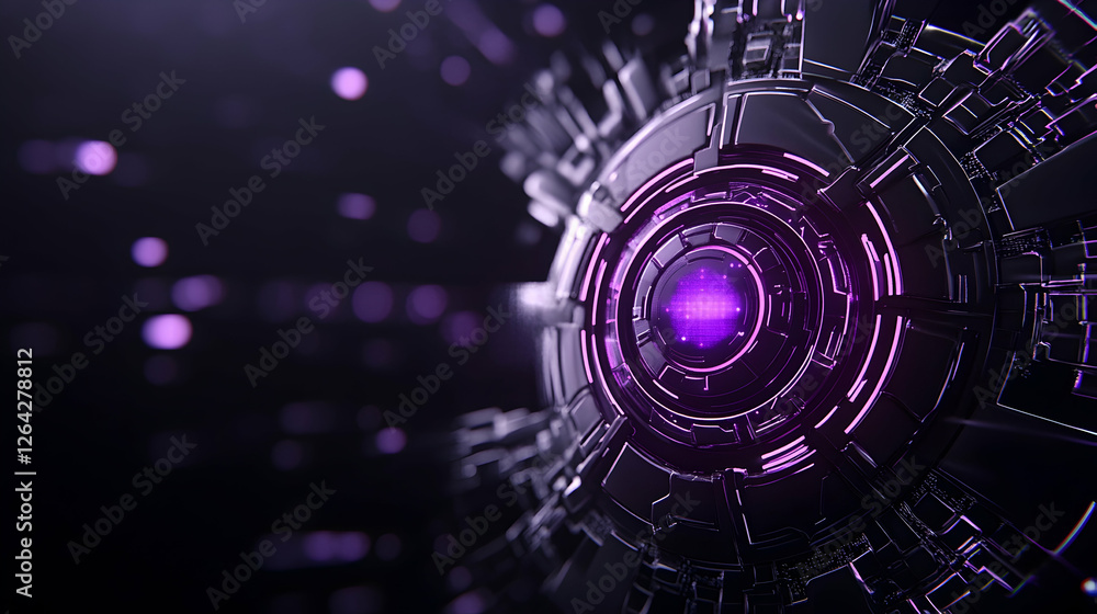 Poster abstract metallic orb glowing violet, reflecting on a dark surface, tech background generative ai