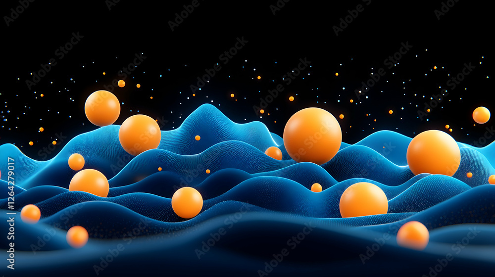 Poster abstract orbs float above stylized blue land with starlight effect generative ai