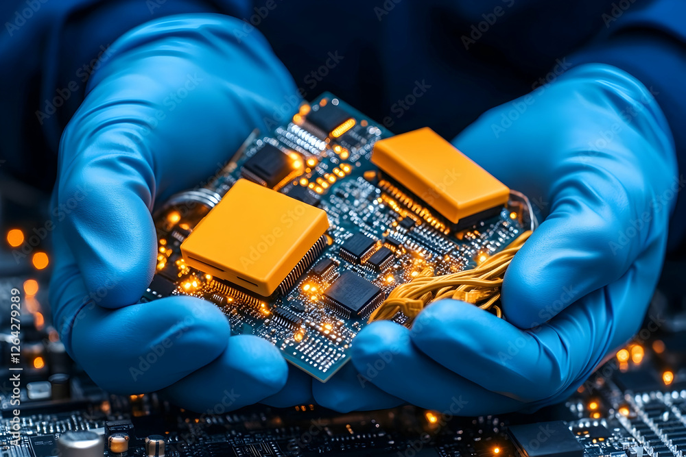 Aufkleber hands in gloves hold a circuit board. background shows microchips glowing generative ai
