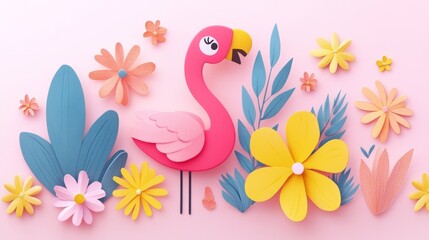 Obraz premium Adorable Flamingo Scene with Tropical Blooms Crafted from Paper for Summer Vibes and Craft Projects