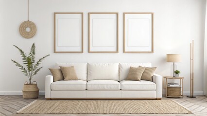 Obraz premium Minimalist Living Room Mockup Three Vertical Frames, Beige Sofa, Jute Rug, Boho Decor, Interior Design Boho, Minimalist