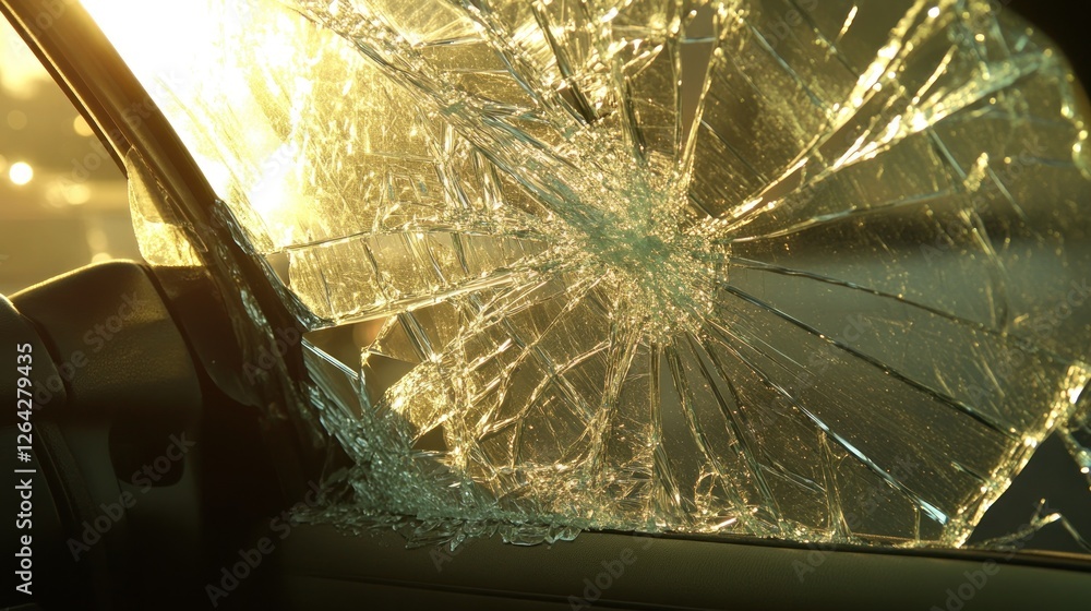 Poster a close-up of a shattered car window, capturing the intricate patterns of broken glass.