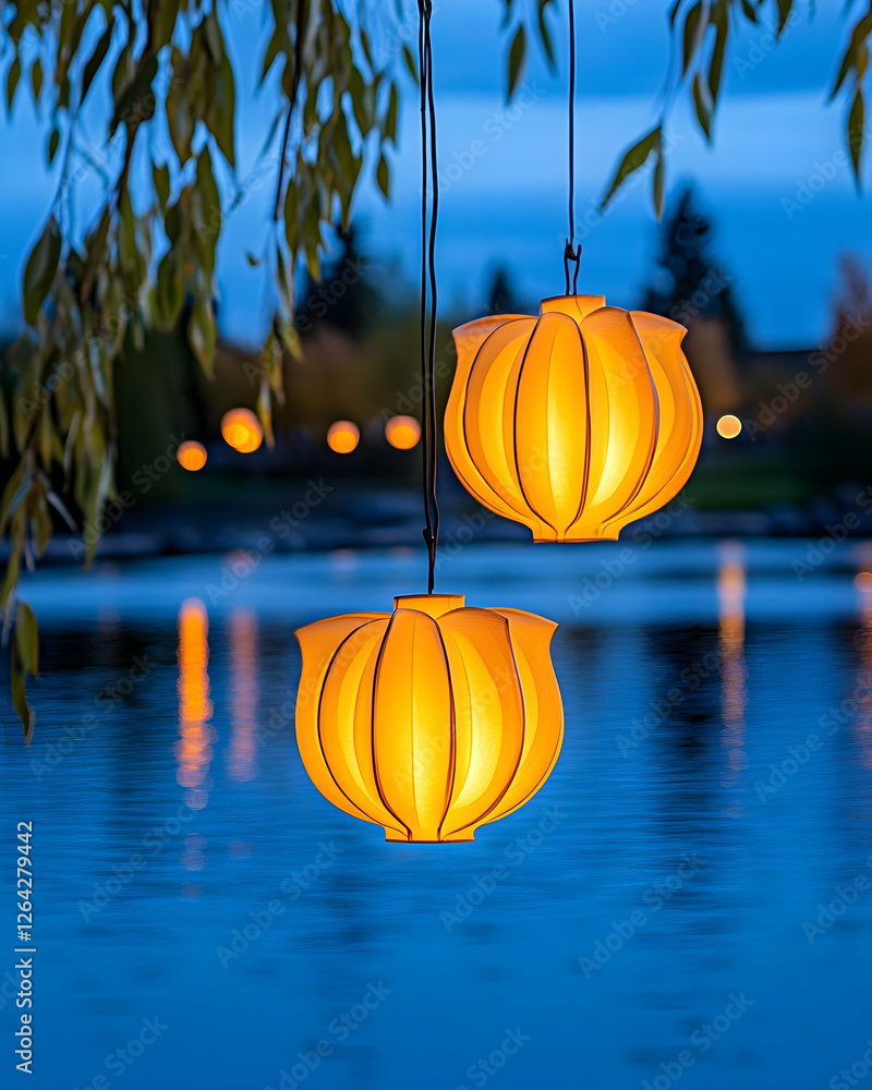 Poster hanging lanterns glow over the water. autumn trees and reflections in the background generative ai