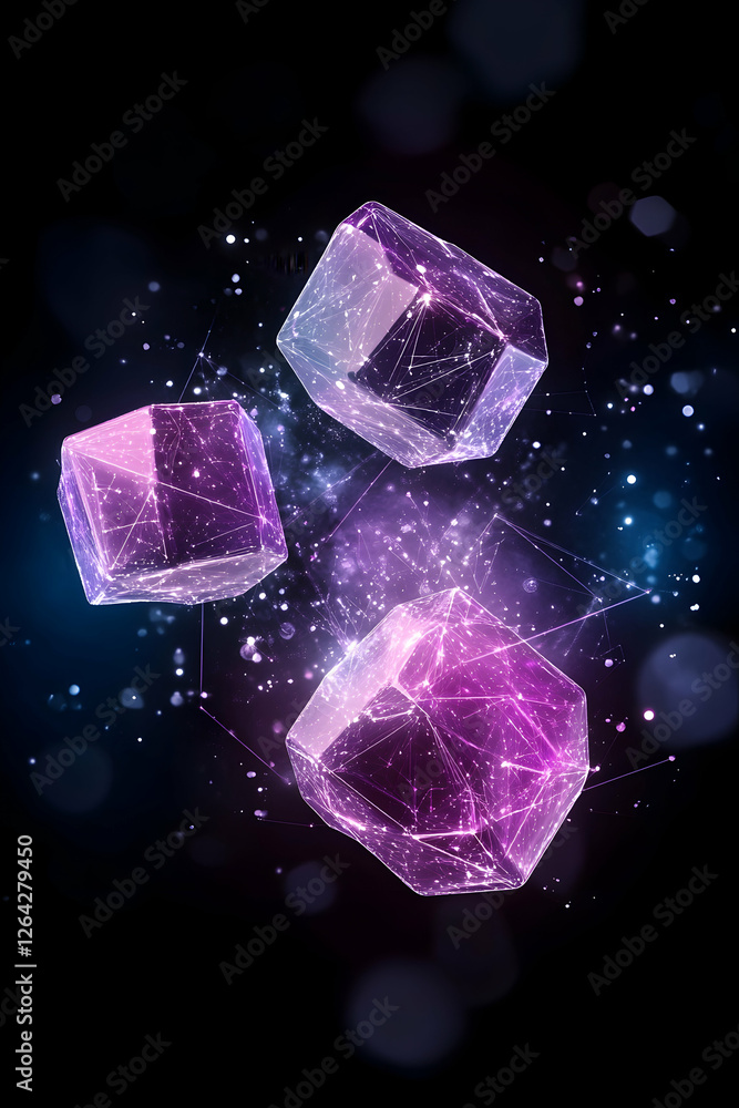 Poster abstract three colorful crystals floating with particle effects on a dark background generative ai