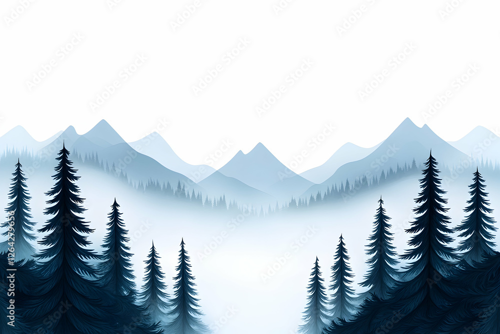 Poster hazy blue mountain range with evergreens in foreground illustration for background generative ai