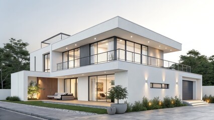 Modern Two-Story Villa Exterior Rendering Minimalist Design, 3D Visualization, Night Lighting, architecture visualization, 3D rendering, modern house Modern Architecture, House Design