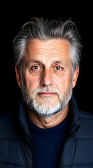 Fototapeta premium Headshot of handsome gray haired mature man in jacket against a dark background generative AI