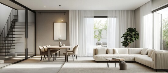 Modern Minimalist Living Space: Neutral Tones, Open Floor Plan, Natural Light