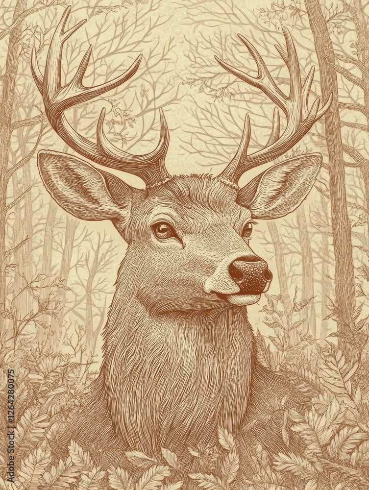 Leinwandbilder engraved deer portrait featuring intricate line work in sepia tones with space for custom text. gene