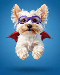 Hero dog flies on blue background. Cartoon style. Illustration. Pets, animation generative AI