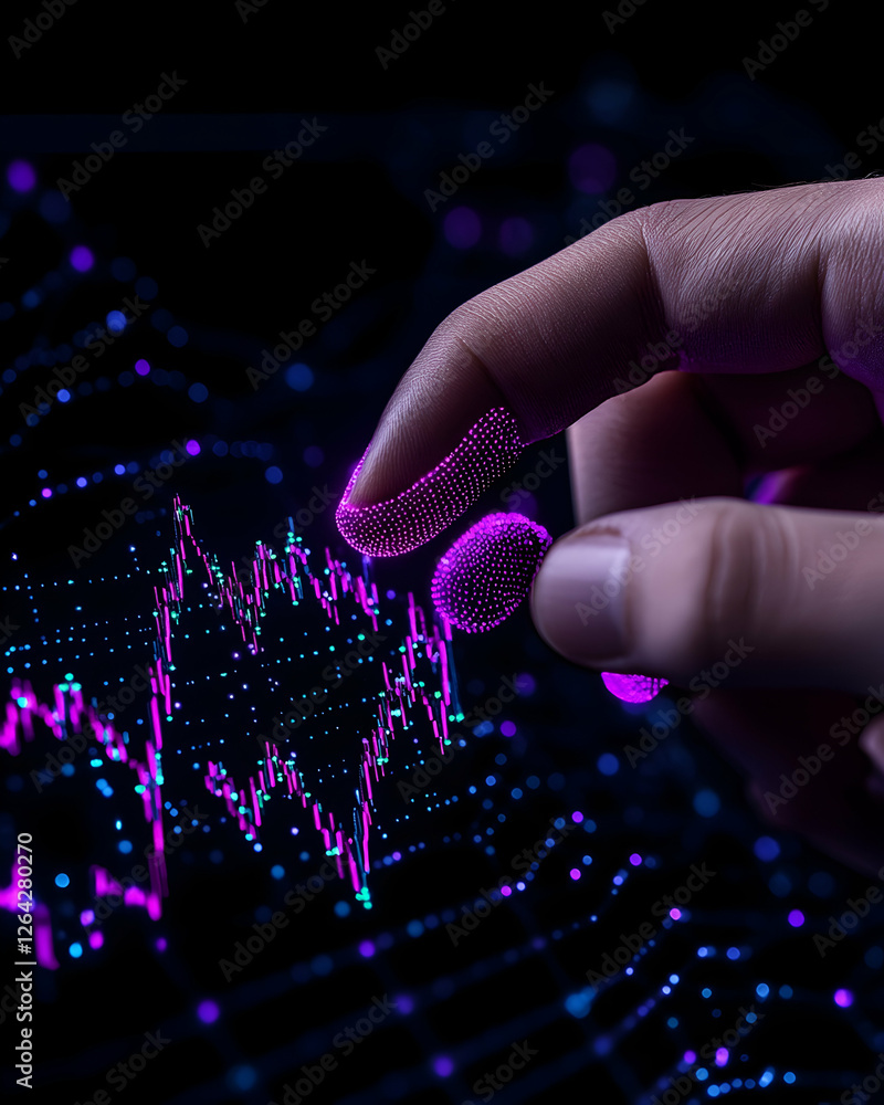 Poster analyzing stock data on screen, hand touches the graph. charts in background generative ai