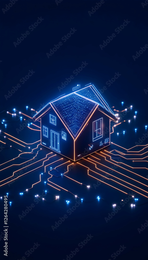 Poster home automation glowing house with circuit background, conceptual design generative ai