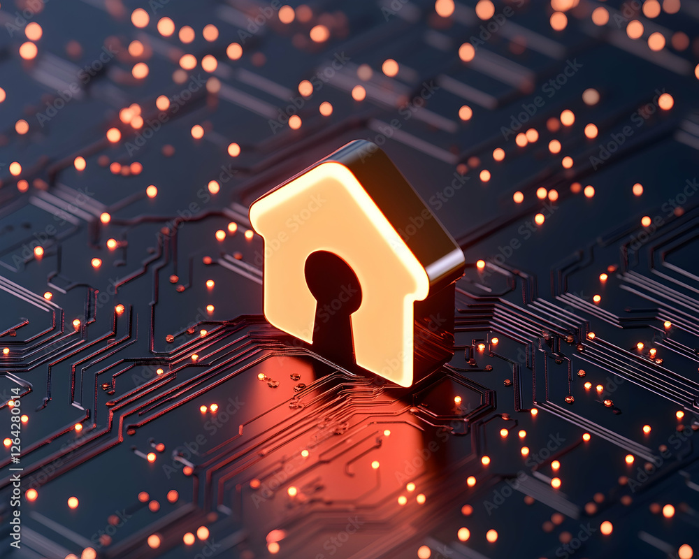 Aufkleber home security system symbol on circuit board, glowing for safety and security generative ai