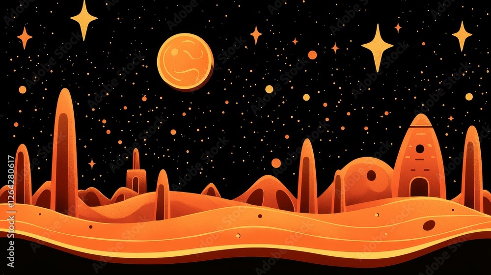 Poster pixelated desert landscape with celestial bodies and fantasy architecture in retro style for digital