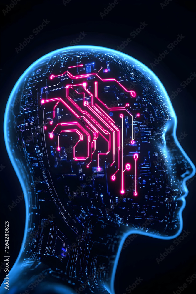 Poster artificial intelligence head, glowing circuitry. technology concept for future generative ai