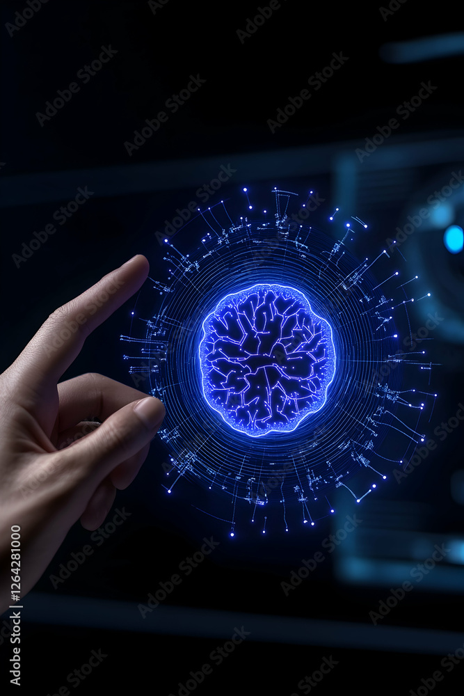 Poster human touches digital brain model on futuristic interface. concept of ai generative ai