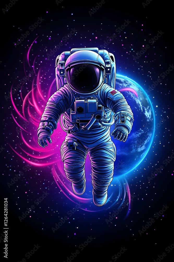Poster astronaut floats in deep space, surrounded by nebula. education, wallpaper use generative ai