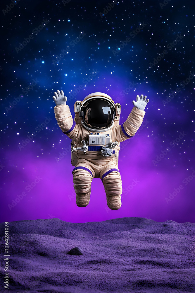 Poster astronaut leaps on planet surface against cosmic background. use space exploration generative ai