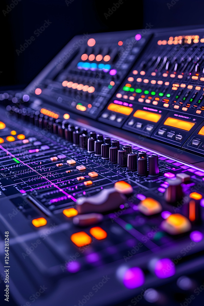 Poster audio control desk close-up in dark recording studio for music production use generative ai