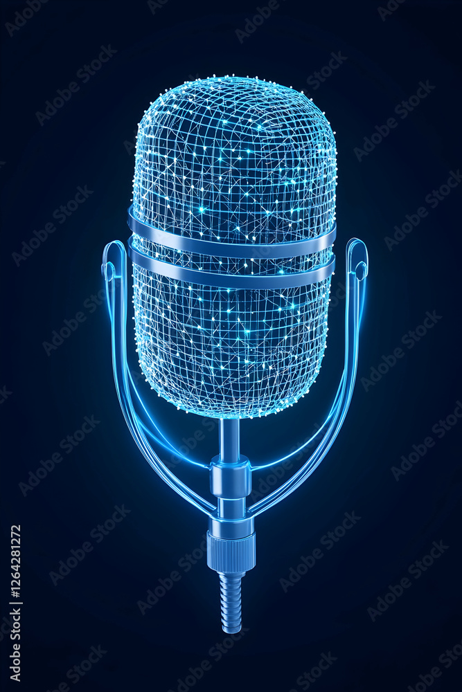 Poster illuminated microphone for broadcasting, podcasting or voice recording with glow effect generative a