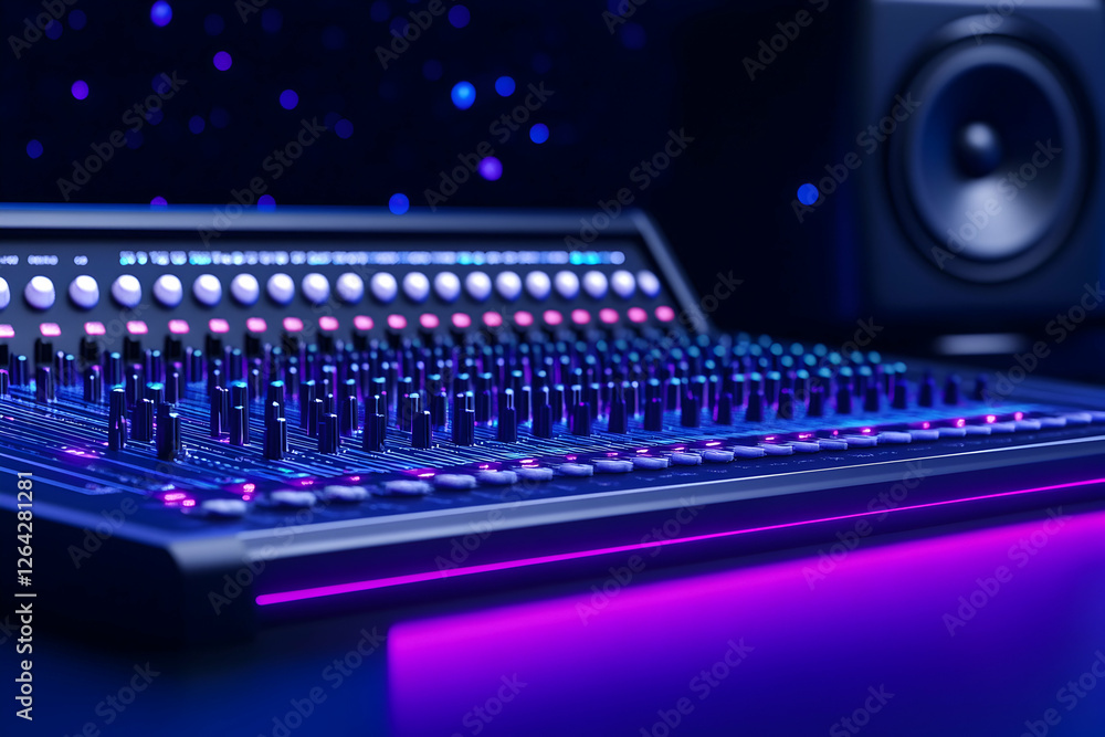 Poster audio mixing console with a speaker, glowing in a dark studio, for music mixing generative ai