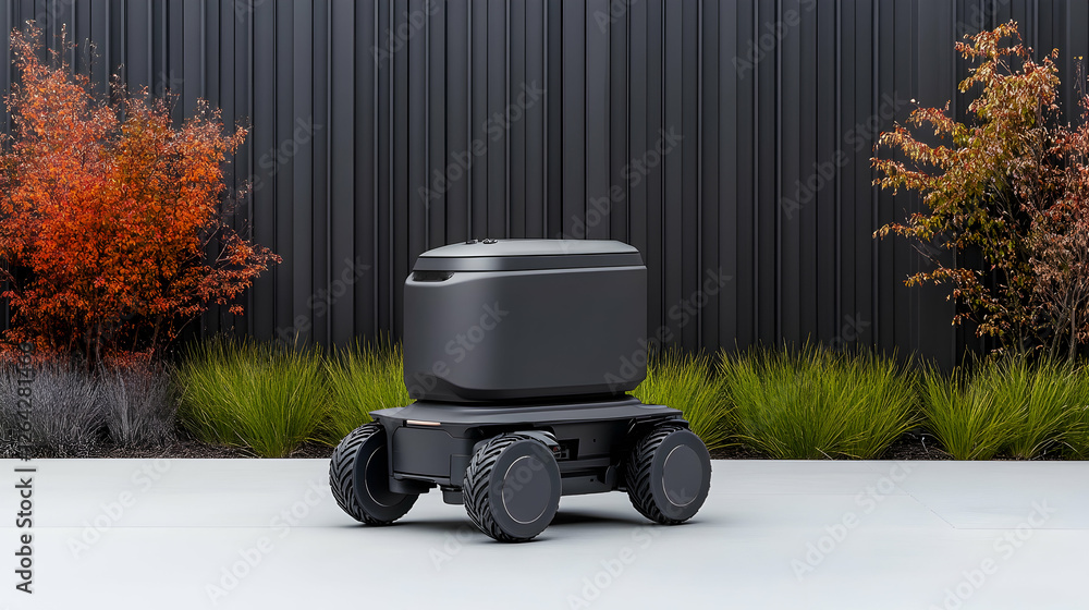 Poster autonomous delivery robot on sidewalk, greenery backdrop, modern technology use generative ai
