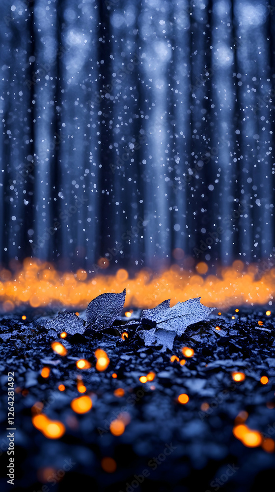 Poster autumn leaves on ground with blurred snow falling in a forest environment generative ai