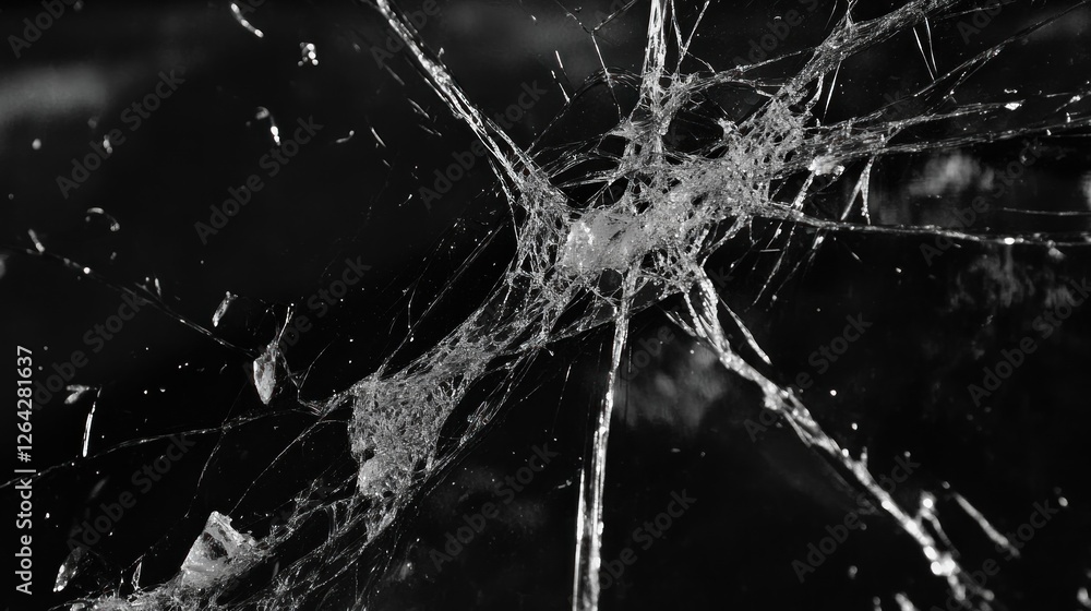 Poster a close-up of a spider web with intricate patterns against a dark background.