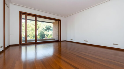 Obraz premium Interior of empty bright room with hardwood floor, sliding doors, and green view generative AI