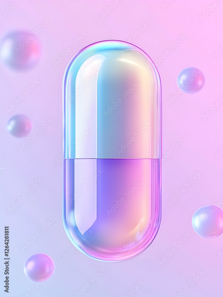 Poster iridescent pill capsule floating in a dreamy, gradient background with spheres generative ai