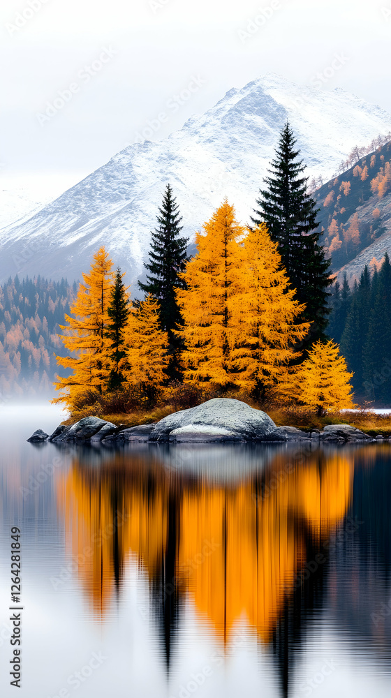 Poster island trees reflected on a lake in front of a mountain. tourism promotional use generative ai