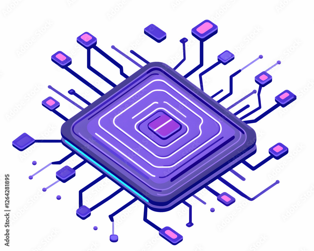 Poster isometric computer chip cpu silicon board for technology, machine learning concept generative ai