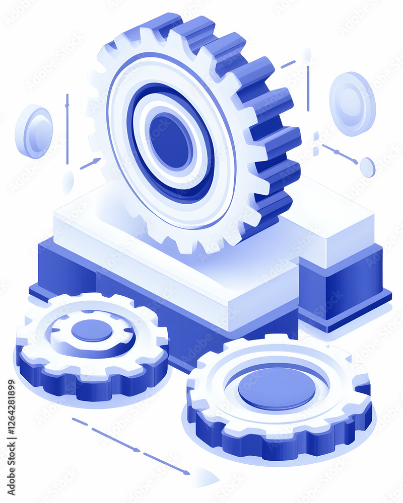 Poster isometric gears represent system, mechanism. white, light background. possible graphic generative ai