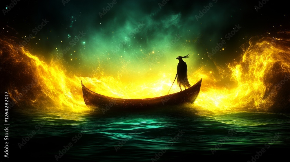 Poster a journey through celestial waters an enigmatic voyager sailing against an ethereal aurora displayin