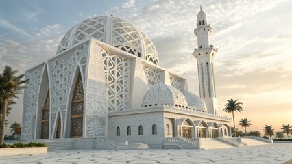 Fototapeta premium Sunrise Mosque Render Architectural 3D Model, Islamic Design, White Marble, Dome, Minaret, Islamic Architecture Mosque, 3D render