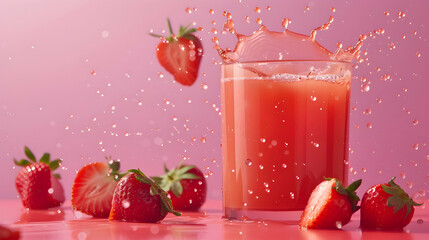 Fresh strawberry juice splashing from a glass with strawberries scattered on a pink background