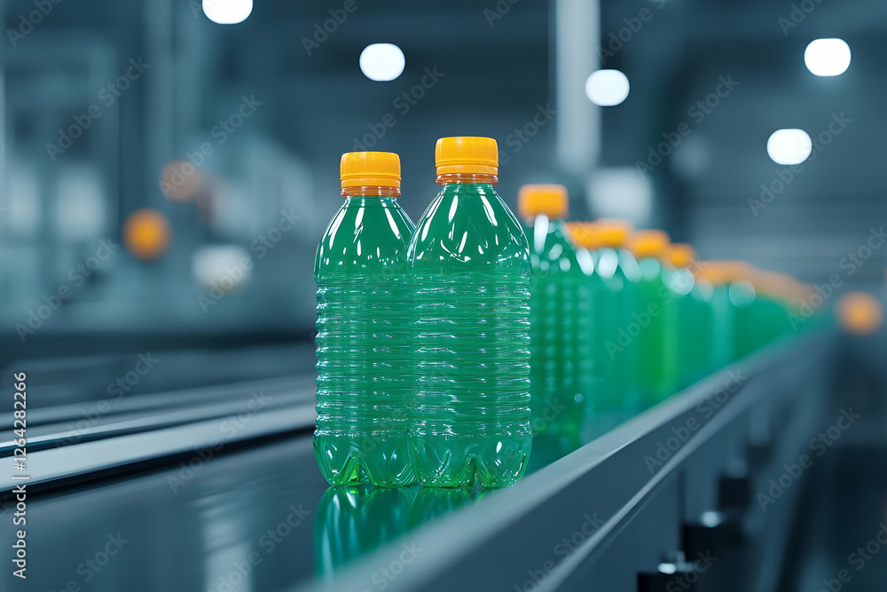 Poster beverages bottles on conveyor belt in factory, production line, automated process generative ai