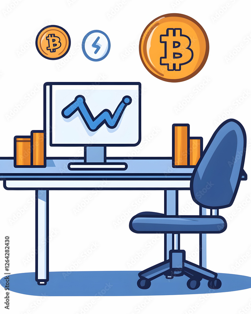 Aufkleber bitcoin trading on a computer with market analysis in the background. illustration generative ai